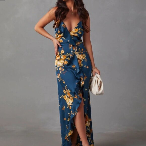 Capriccio Satin Floral Ruffle Maxi Dress - Dark Blue Small - Picture 1 of 5